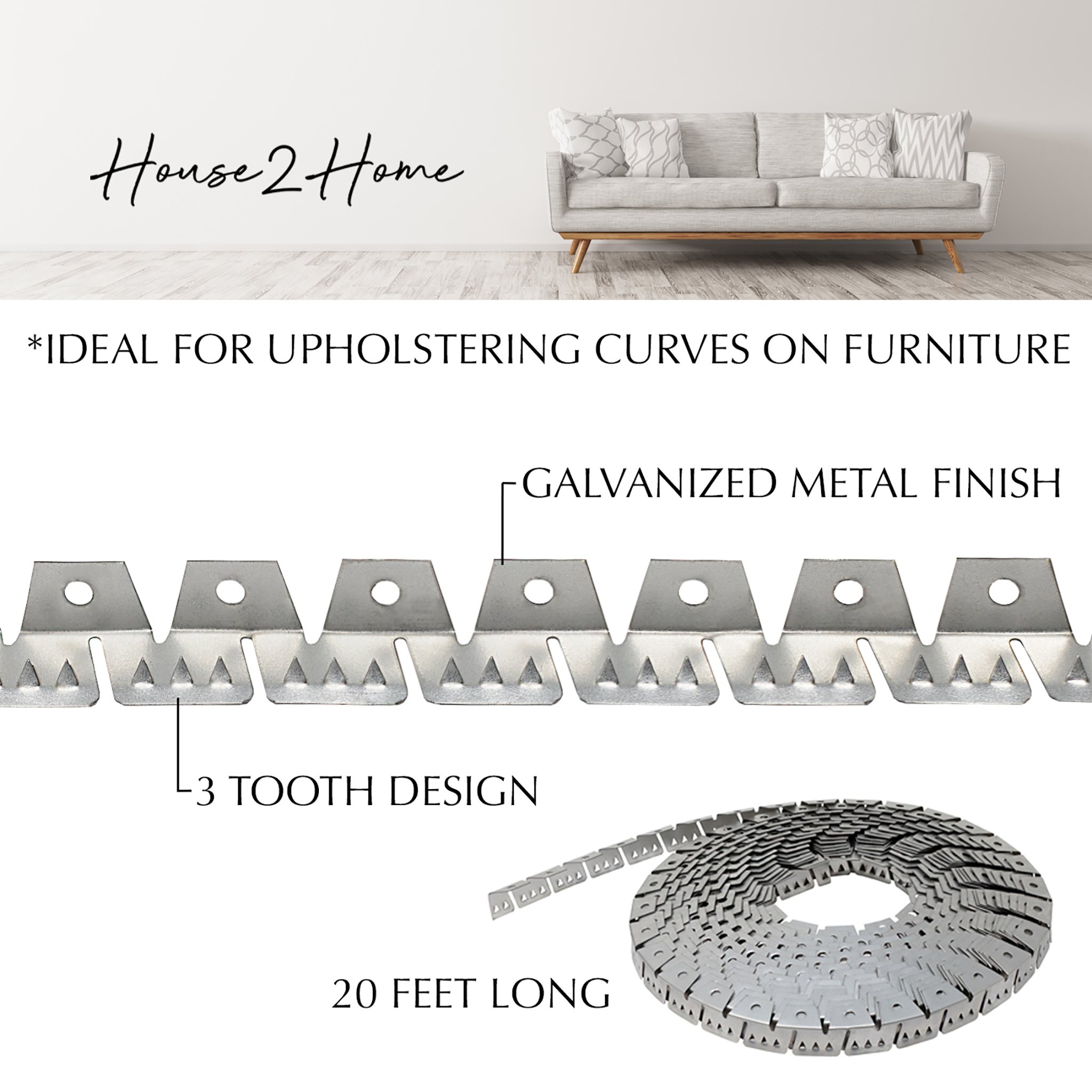 House2Home Metal Flexible Tack Strip, Curve Ease for Upholstery- 20ft, Silver